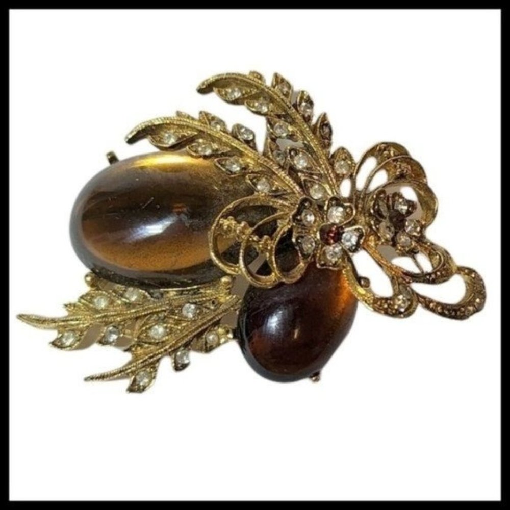 Vintage‎ Signed Art Cabochon Glass Floral Rhinestone Brooch Pin